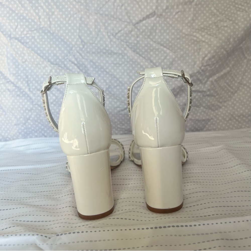 White Beaded Heels, Open-toed, Adjustable Ankle Strap - Picture 6 of 8